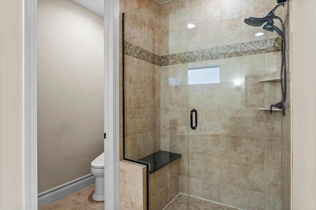 5435 Yellowstone Trl, Minnetrista, MN 55331 - bathroom featuring a stall shower, toilet, and tile patterned floors