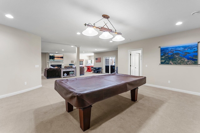 5435 Yellowstone Trl, Minnetrista, MN 55331 - recreation room featuring light carpet, a lit fireplace, recessed lighting, baseboards, and billiards