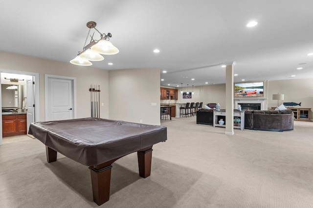5435 Yellowstone Trl, Minnetrista, MN 55331 - rec room with light colored carpet, recessed lighting, a fireplace, and billiards