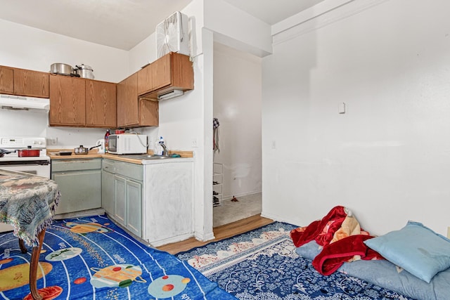 kitchen with light wood-type flooring, light countertops, a sink, under cabinet range hood, and white appliances