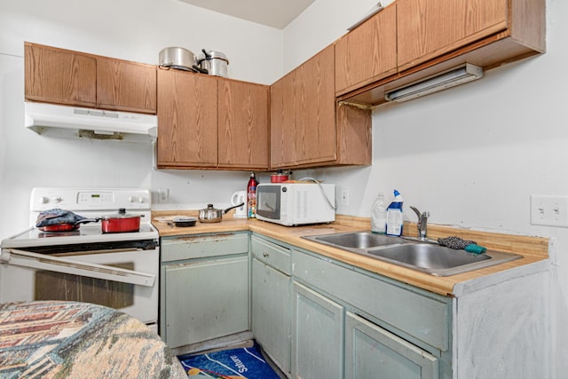 kitchen with white appliances, under cabinet range hood, a sink, and light countertops