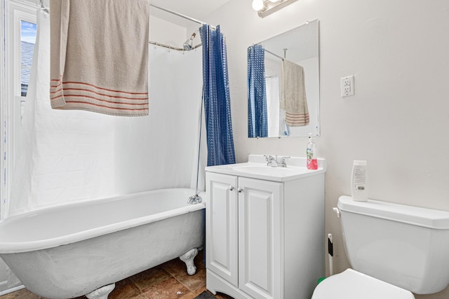 full bathroom with vanity, shower / bathtub combination with curtain, and toilet