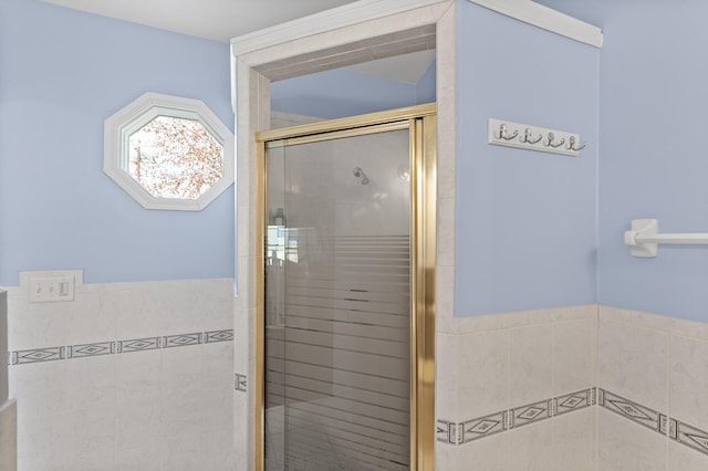 full bath featuring tile walls and a shower stall