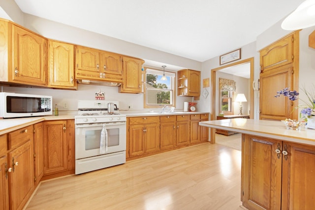 517 2nd St, Waconia, MN 55387 - kitchen featuring white appliances, light wood finished floors, light countertops, and under cabinet range hood