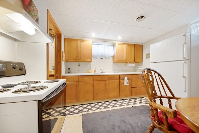 517 2nd St, Waconia, MN 55387 - kitchen with white appliances, under cabinet range hood, light countertops, and a paneled ceiling