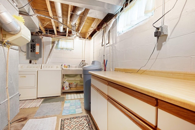 517 2nd St, Waconia, MN 55387 - below grade area featuring washing machine and clothes dryer, electric panel, and concrete block wall