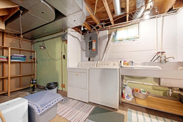 517 2nd St, Waconia, MN 55387 - below grade area featuring electric panel, washing machine and dryer, and concrete block wall