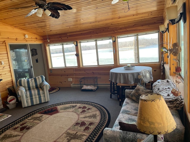 sunroom / solarium featuring carpet flooring, a water view, wood walls, and a healthy amount of sunlight