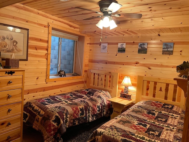 bedroom with wood ceiling and wood walls