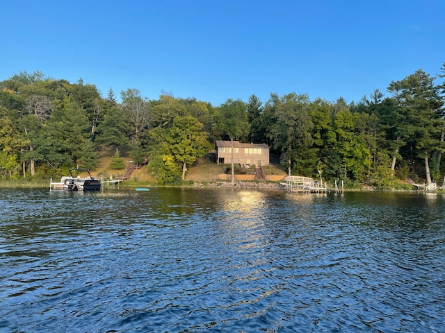 water view with a dock and a forest view