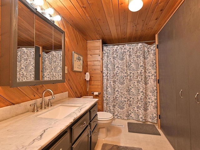 20703 Aspen Dr, Grand Rapids, MN 55744 - bathroom with wood ceiling, visible vents, vanity, toilet, and wooden walls