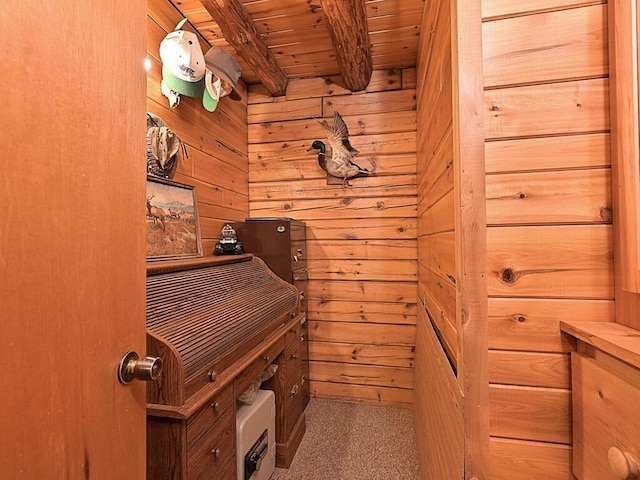 20703 Aspen Dr, Grand Rapids, MN 55744 - interior space featuring wooden ceiling, wood walls, and beam ceiling