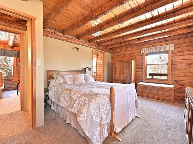 20703 Aspen Dr, Grand Rapids, MN 55744 - bedroom featuring wooden ceiling, light carpet, and beam ceiling