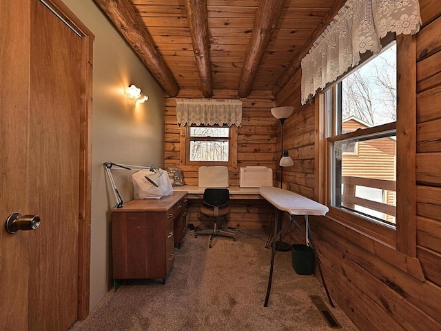 20703 Aspen Dr, Grand Rapids, MN 55744 - home office featuring carpet, wood ceiling, wood walls, and beamed ceiling