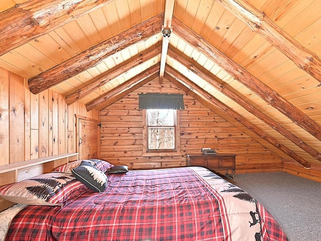 20703 Aspen Dr, Grand Rapids, MN 55744 - bedroom featuring wood walls, wood ceiling, and lofted ceiling with beams