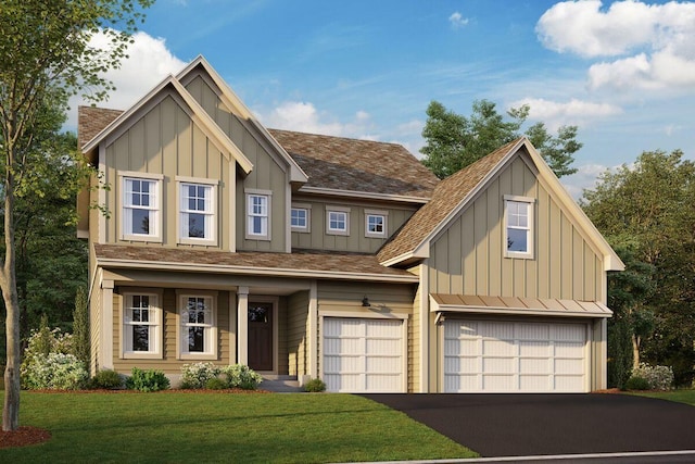 view of front of property featuring board and batten siding, a front lawn, asphalt driveway, and a shingled roof
