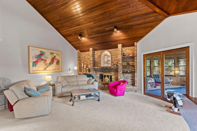 living area with wood ceiling, vaulted ceiling, carpet floors, a fireplace, and brick wall