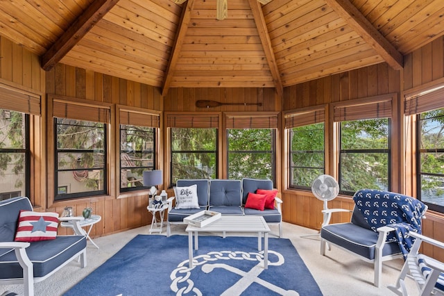 sunroom / solarium with wooden ceiling, wooden walls, an outdoor hangout area, and carpet flooring