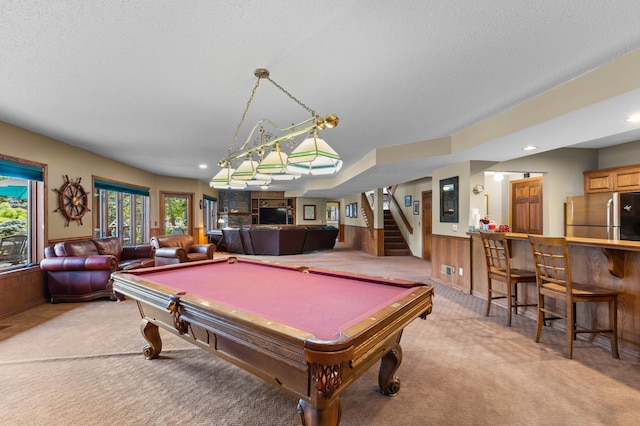 recreation room with light carpet, pool table, a wainscoted wall, recessed lighting, and wood walls