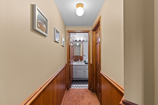 corridor featuring light carpet, a sink, a wainscoted wall, and a textured ceiling