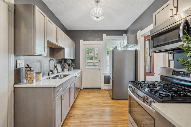kitchen featuring a sink, light countertops, light wood-style floors, and stainless steel appliances