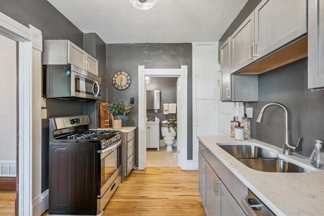 kitchen featuring a textured ceiling, visible vents, a sink, light wood-style floors, and stainless steel appliances