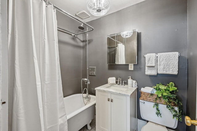 full bath featuring vanity, visible vents, toilet, and shower / tub combo