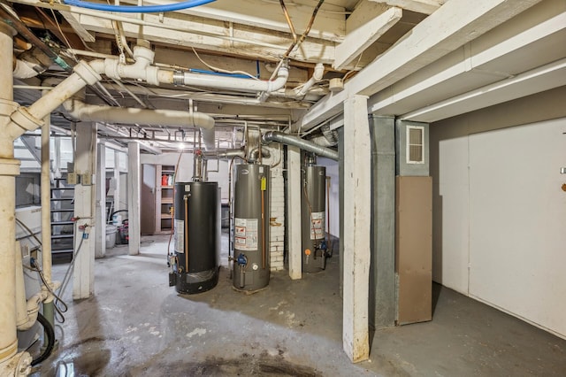 unfinished basement featuring visible vents and water heater
