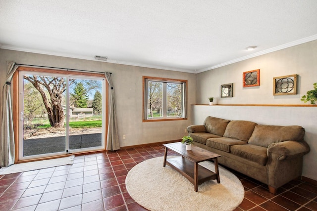 living room featuring dark tile patterned flooring, a textured ceiling, and ornamental molding