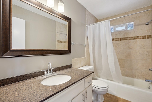 bathroom featuring vanity, tile patterned flooring, toilet, and shower / tub combo with curtain