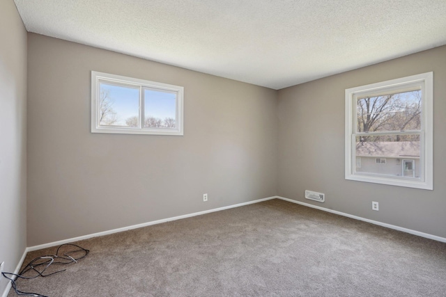carpeted spare room with a textured ceiling, baseboards, and plenty of natural light