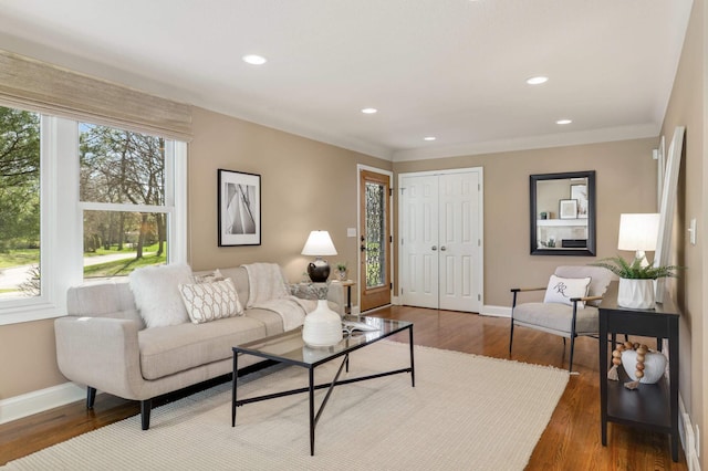living area with baseboards, a healthy amount of sunlight, and wood finished floors