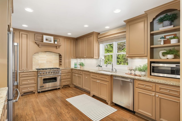 kitchen with open shelves, a sink, appliances with stainless steel finishes, and tasteful backsplash
