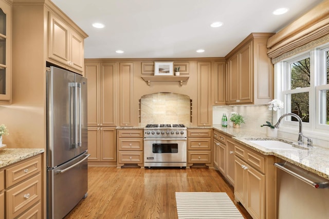 kitchen featuring a sink, light wood-style floors, tasteful backsplash, and premium appliances