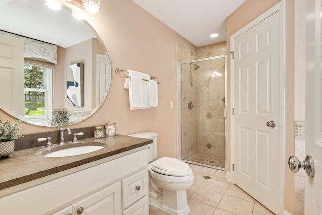 bathroom with vanity, a shower stall, tile patterned floors, and toilet