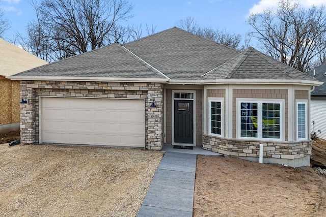 view of front of property with a garage, dirt driveway, roof with shingles, and stone siding