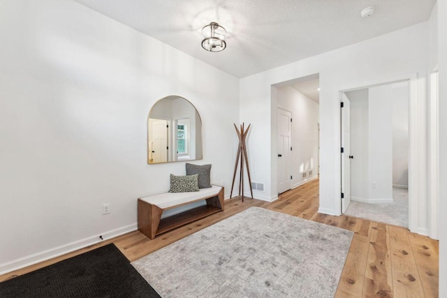 interior space featuring light wood-style floors, baseboards, and visible vents