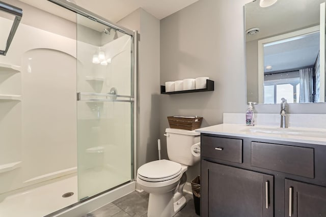 bathroom featuring vanity, a stall shower, toilet, and visible vents