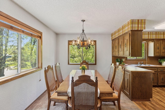 dining space featuring a chandelier, a textured ceiling, and light wood-type flooring