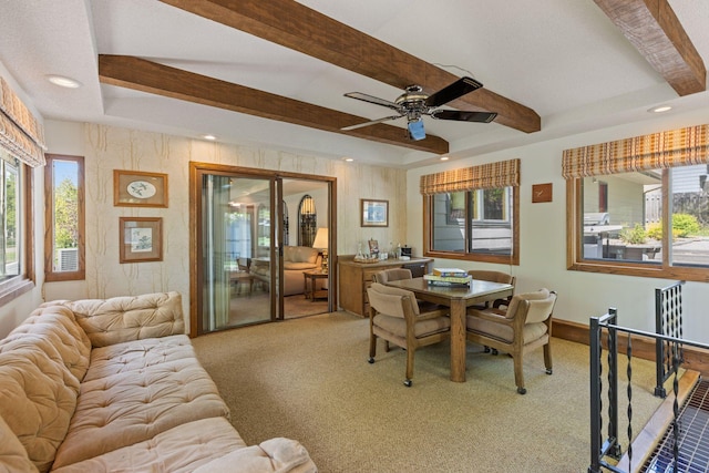 dining space with plenty of natural light, carpet floors, beam ceiling, a ceiling fan, and recessed lighting