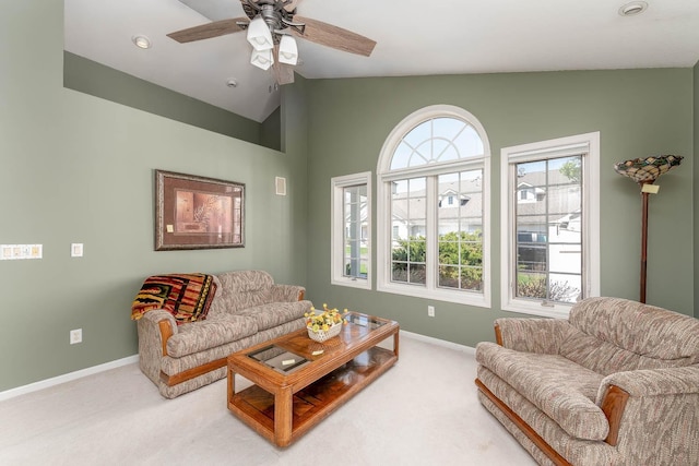 267 Plum Run, Le Sueur, MN 56058 - living area with baseboards, a ceiling fan, carpet flooring, and lofted ceiling