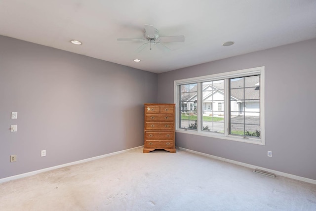 267 Plum Run, Le Sueur, MN 56058 - unfurnished room featuring a ceiling fan, visible vents, baseboards, carpet floors, and recessed lighting