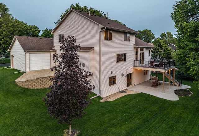 19288 Evenston Dr, Farmington, MN 55024 - back of house with a deck, a patio, stairs, a lawn, and a garage