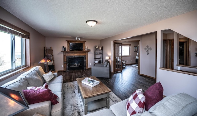 19288 Evenston Dr, Farmington, MN 55024 - living area featuring a fireplace, wood finished floors, a textured ceiling, and baseboards
