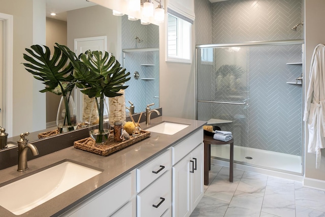 2717 Kalland Ave NE, Saint Michael, MN 55376 - bathroom featuring double vanity, tiled shower, and marble look tiles