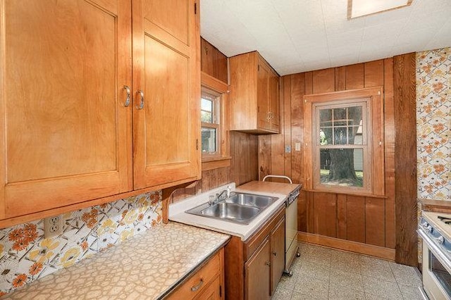 4528 30th Ave S, Minneapolis, MN 55406 - kitchen with gas stove, light countertops, dishwasher, brown cabinetry, and wooden walls