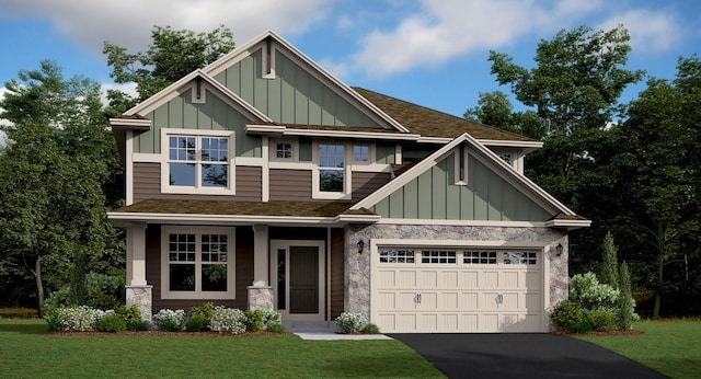 craftsman inspired home featuring aphalt driveway, a front lawn, board and batten siding, and stone siding