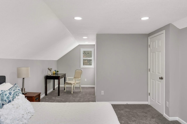 bedroom featuring carpet flooring, baseboards, vaulted ceiling, and recessed lighting