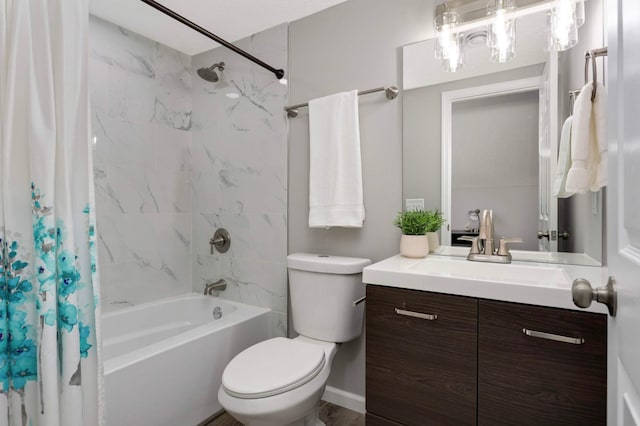 bathroom with shower / bath combo, toilet, and vanity