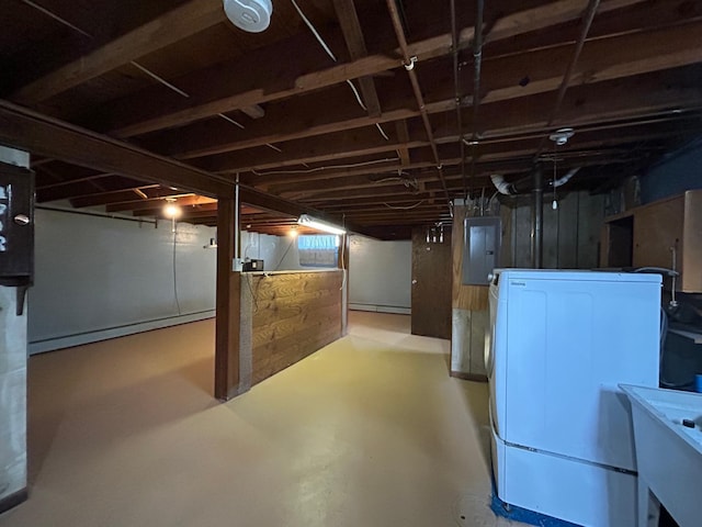 unfinished below grade area featuring washer / clothes dryer, a sink, and electric panel